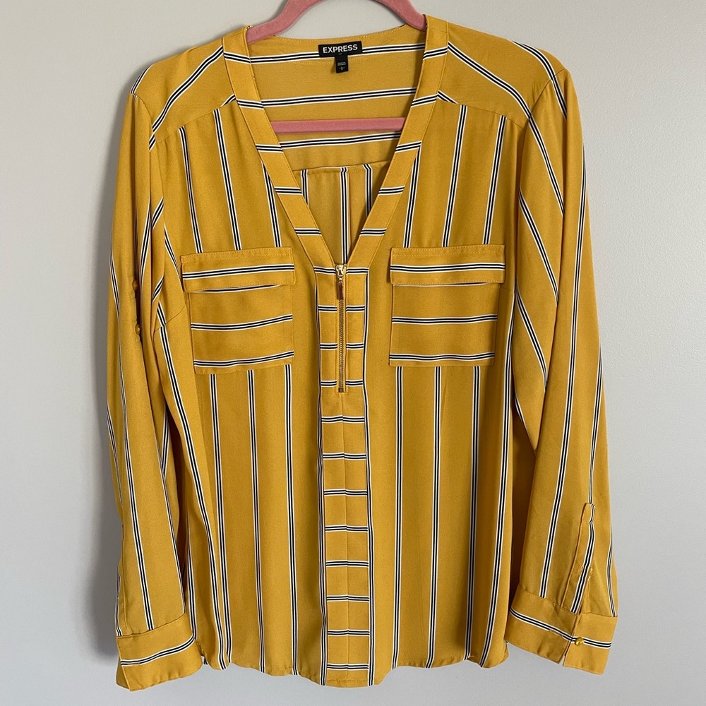 Express mustard yellow shirt with navy and white stripes. Size L.